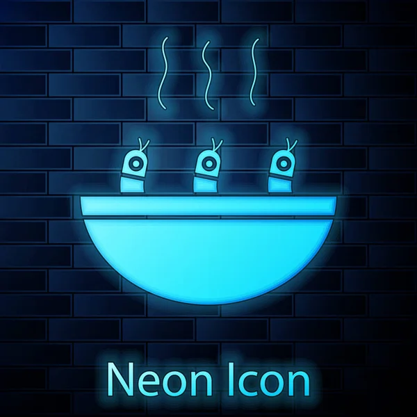 Soupe Néon Éclatante Avec Icône Crevettes Isolée Sur Fond Mur — Image vectorielle