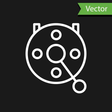 Siyah zemin üzerinde izole edilmiş balık ikonu için beyaz halat makarası. Balık bobini. Balık oltası. Vektör.