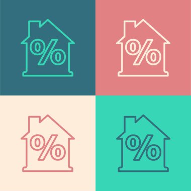 Renkli arka planda izole edilmiş indirimli etiket simgesi olan Pop Sanat Çizgisi Evi. Emlak evi. Kredi yüzdesi sembolü. Vektör.