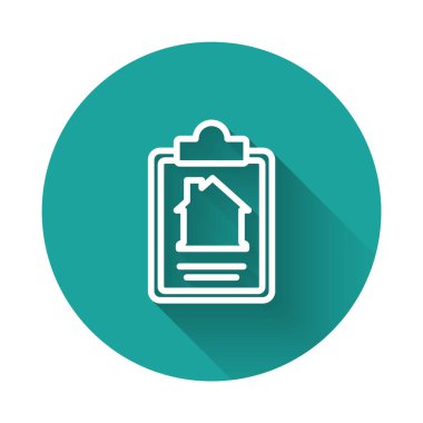 Beyaz Hat sözleşmesi ikonu uzun gölgeli izole edilmiş. Sözleşme oluşturma hizmeti, belge oluşumu, başvuru formu bileşimi. Yeşil daire düğmesi. Vektör.