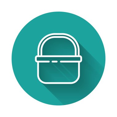 Beyaz çizgi Basket simgesi uzun gölgeli izole edilmiş. İnternetten satın alma konsepti. Servis tabelası. Alışveriş arabası sembolü. Yeşil daire düğmesi. Vektör.