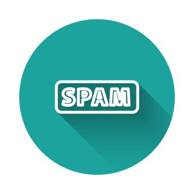 Beyaz çizgi konserve jambon simgesi uzun gölgeli. Yeşil daire düğmesi. Vektör.