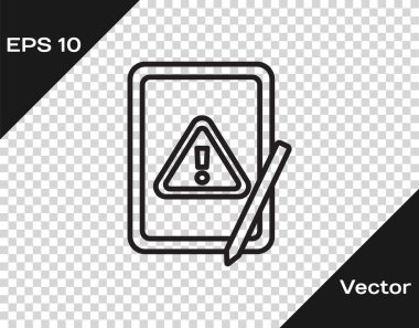 Şeffaf arkaplan üzerinde ünlem işareti simgesi olan siyah çizgi grafiksel tableti. Uyarı mesajı akıllı telefon uyarısı. Vektör.