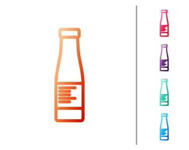 Kırmızı çizgili sos şişesi simgesi beyaz arkaplanda izole edilmiş. Ketçap, hardal ve fast food için soslu mayonez şişeleri. Renk simgelerini ayarla. Vektör..