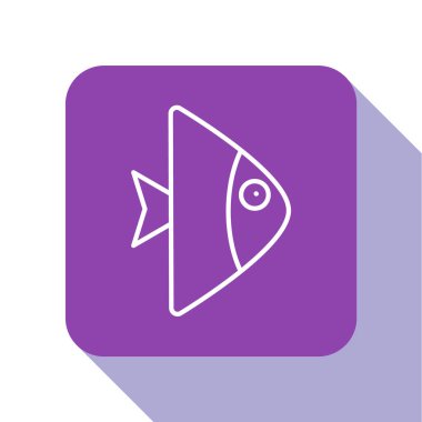 Beyaz çizgi Balık simgesi beyaz arkaplanda izole edildi. Mor kare düğme. Vektör..