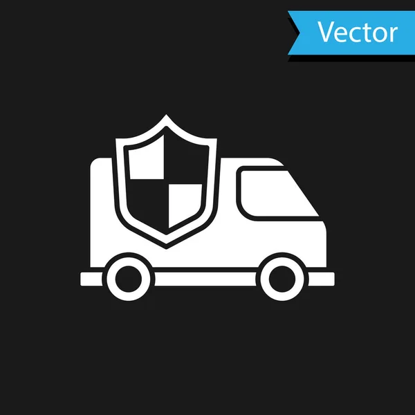 Weißes Auto Mit Schildsymbol Isoliert Auf Schwarzem Hintergrund Versicherungskonzept Sicherheit — Stockvektor