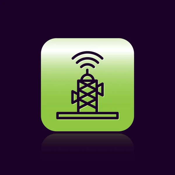 Black line Wireless antenna icon isolated on black background. Technology and network signal radio antenna. Green square button. Vector.