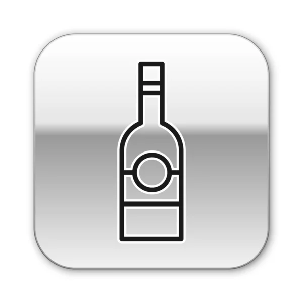 Fekete Vonal Üvegpalack Vodka Ikon Izolált Fehér Alapon Ezüst Négyzet — Stock Vector