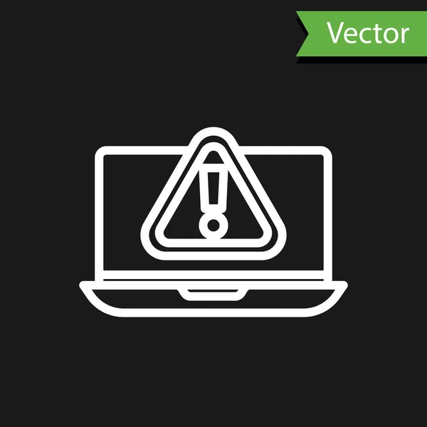 Weiße Linie Laptop Mit Ausrufezeichen Symbol Isoliert Auf Schwarzem Hintergrund — Stockvektor