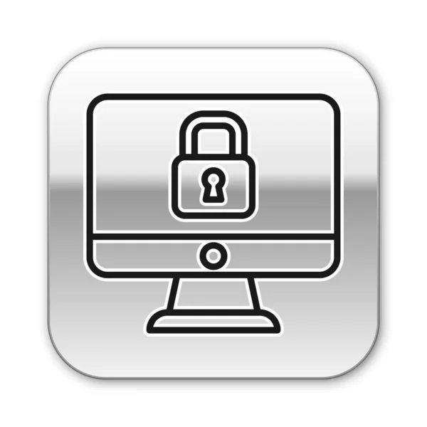 ブラックライン白い背景に隔離されたコンピュータのモニター画面アイコンをロックします セキュリティ 保護の概念 安全なインターネットだ 銀四角形のボタン ベクトル — ストックベクタ