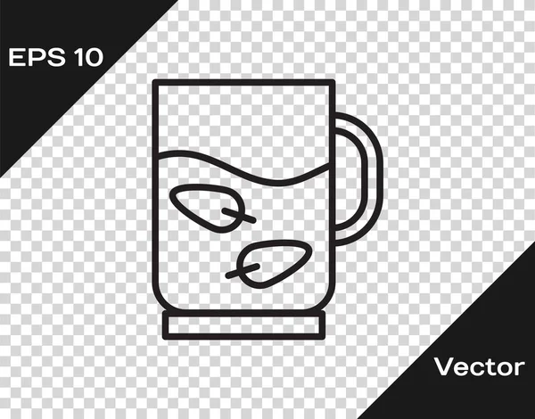 Black Line Cup Tea Leaf Icon Isolated Transparent Background Vector — Stock Vector