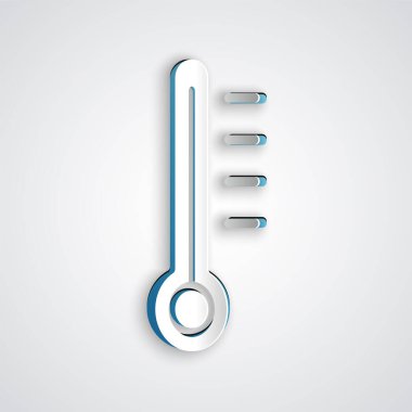 Kağıt kesiği Meteoroloji termometresi gri arkaplanda izole edilmiş ikon ölçümü. Termometre termometresi sıcak ya da soğuk hava gösteriyor. Kağıt sanatı tarzı. Vektör İllüstrasyonu.