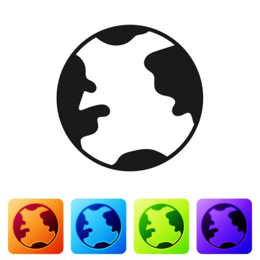 Beyaz arka planda izole edilmiş Kara Dünya ikonu. Dünya ya da Dünya işareti. Küresel internet sembolü. Geometrik şekiller. Renkli kare düğmelerle simgeleri ayarla. Vektör İllüstrasyonu.