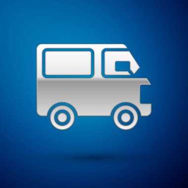 Gümüş teslimat kamyonu ikonu mavi arka planda izole edildi. Vektör İllüstrasyonu.