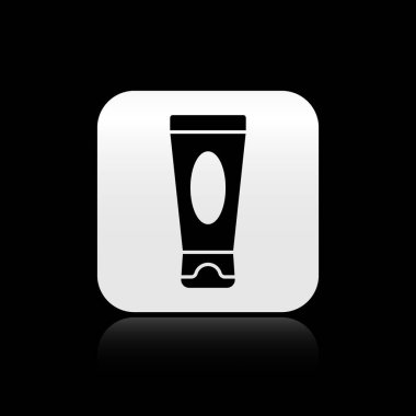 Siyah arka planda siyah krem ya da losyon kozmetik tüp ikonu var. Erkekler için vücut bakım ürünleri. Gümüş kare düğme. Vektör İllüstrasyonu.