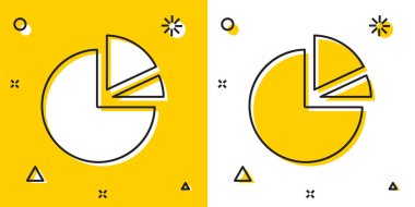 Sarı ve beyaz arkaplanda izole edilmiş siyah turta grafiksel ikonu. Diyagram çizelgesi. Rastgele dinamik şekiller. Vektör İllüstrasyonu.
