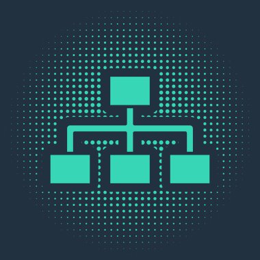 Yeşil İş hiyerarşisi organogram grafiği bilgi ikonu mavi arkaplanda izole edildi. Kurumsal yapı elementleri. Soyut çember rastgele noktalar. Vektör İllüstrasyonu.