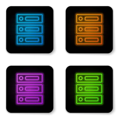 Parlayan neon sunucusu, Data, Web sunucu simgesi beyaz arkaplanda izole edildi. Siyah kare düğme. Vektör İllüstrasyonu.