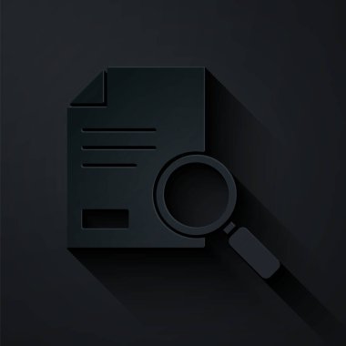 Siyah arkaplanda arama simgesi izole edilmiş kağıt kesimi Belgesi. Dosya ve büyüteç simgesi. Analitik araştırma işareti. Kağıt sanatı tarzı. Vektör İllüstrasyonu.