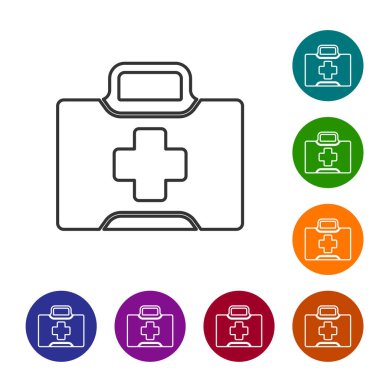 Siyah çizgi ilk yardım çantası simgesi beyaz arkaplanda izole edildi. Haçlı sağlık kutusu. Acil durumlar için tıbbi ekipman. Sağlık sigortası konsepti. Simgeleri renk daire düğmelerine ayarla. Vektör İllüstrasyonu.