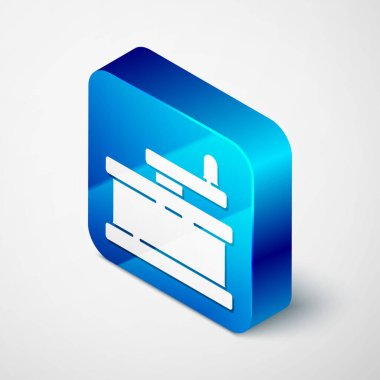 Gri arkaplanda Isometric Manuel öğütücü simgesi izole edildi. Mavi kare düğme. Vektör İllüstrasyonu.