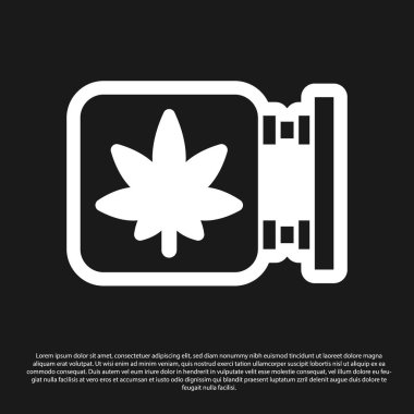 Siyah arka planda izole edilmiş siyah marihuana ve kenevir dükkanı ikonu. Sigara içmek, tıbbi esrar depolamak için ekipman ve aksesuarlar. Vektör İllüstrasyonu.