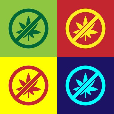 Pop Art Stop marihuana ya da kenevir yaprağı ikonu renkli arka planda izole edilmiş. Marihuana içmek yok. Kenevir sembolü. Vektör İllüstrasyonu.