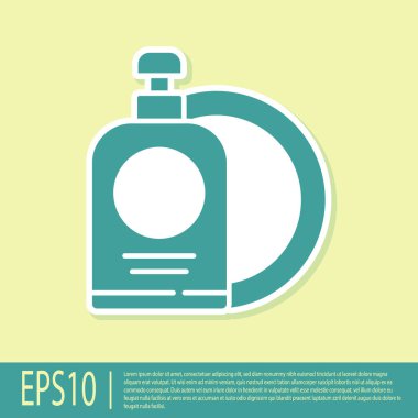 Sarı arkaplanda yeşil bulaşık deterjanı ve tabak ikonu var. Bulaşık yıkamak için sıvı deterjan. Vektör İllüstrasyonu.