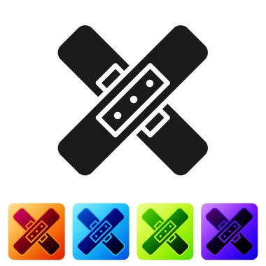 Siyah Haç bandaj alçı ikonu beyaz arka planda izole edildi. Tıbbi alçı, yapıştırıcı bandaj, esnek kumaş bandajı. Renkli kare düğmelerle simgeleri ayarla. Vektör İllüstrasyonu.