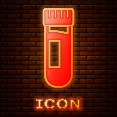 Parlayan neon test tüpü ya da duvarda izole edilmiş kan ikonu olan matara. Laboratuvar, kimyasal, bilimsel cam levha. Vektör İllüstrasyonu.