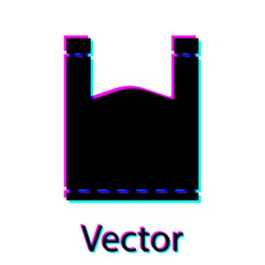 Siyah plastik torba simgesi beyaz arkaplanda izole edilmiş. Tek kullanımlık selofan ve politen paket yasaklama işareti. Vektör İllüstrasyonu.