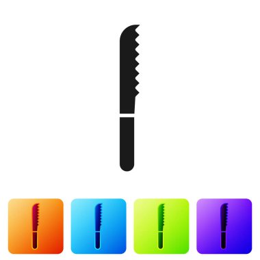 Beyaz arka planda siyah ekmek bıçağı simgesi izole edildi. Çatal bıçak sembolü. Renkli kare düğmelerle simgeleri ayarla. Vektör İllüstrasyonu.