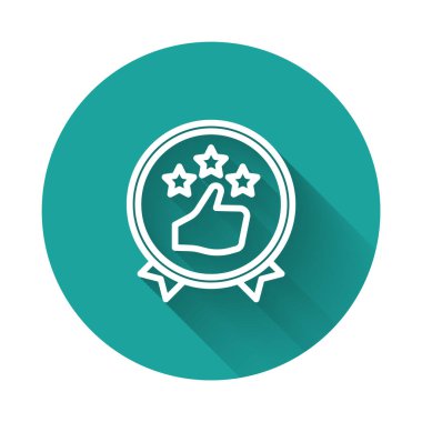 Beyaz çizgi tüketicisi veya müşteri ürün değerlendirme simgesi uzun gölgeli izole edilmiş. Yeşil daire düğmesi. Vektör İllüstrasyonu.