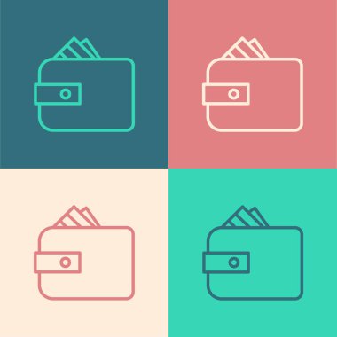 Sanat galerisi cüzdanı, kağıt para destesi renkli arka planda izole edilmiş nakit para ikonu. Çanta ikonu. Nakit tasarruf sembolü. Vektör İllüstrasyonu.