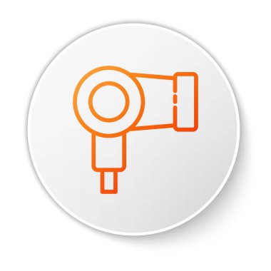 Beyaz arka planda turuncu çizgi saç kurutma ikonu izole edildi. Saç kurutma makinesi tabelası. Saç kurutma sembolü. Sıcak hava üflüyor. Beyaz daire düğmesi. Vektör İllüstrasyonu.