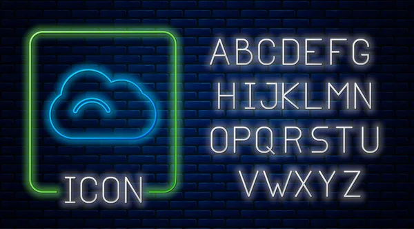 Gloeiende Neon Wolk Pictogram Geïsoleerd Bakstenen Muur Achtergrond Neon Licht — Stockvector