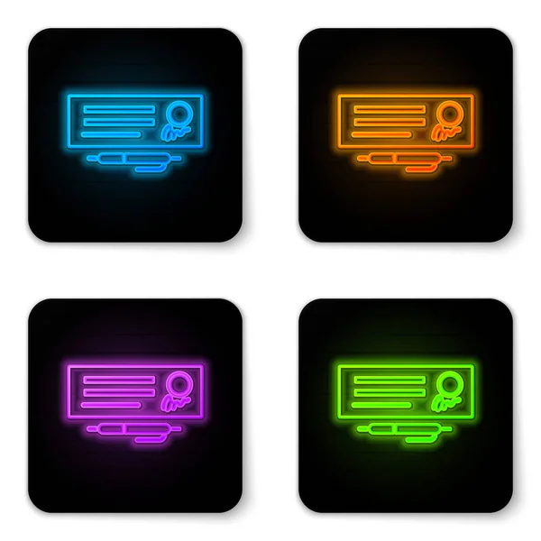 Glowing Neon Blank Template Bank Check Pen Icon Isolated White — Stock Vector