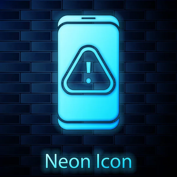 Glödande Neon Mobiltelefon Med Utropstecken Ikonen Isolerad Tegelvägg Bakgrund Varningsmeddelande — Stock vektor