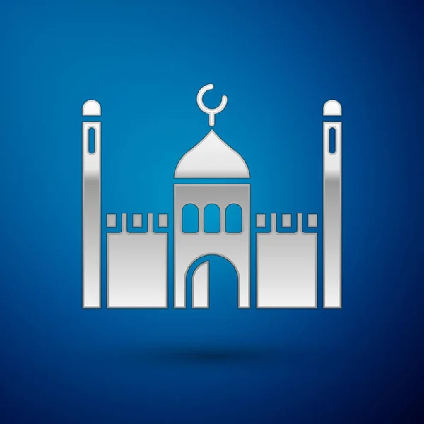 Ezüst Muszlim Mecset Ikon Elszigetelt Kék Háttérrel Vektorillusztráció — Stock Vector