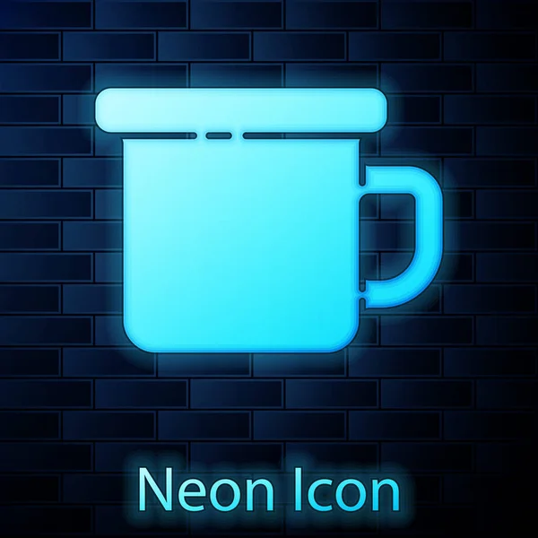 Glowing Neon Camping Metal Mug Icon Isolated Brick Wall Background — Stock Vector