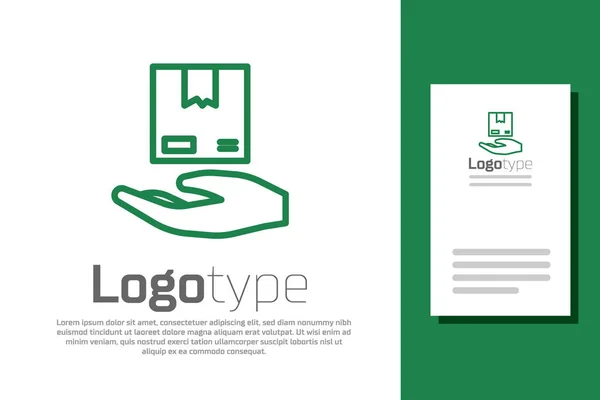 緑のライン白の背景に隔離された段ボール箱のアイコンと配達手 宅配便でドア配達への扉 ロゴデザインテンプレート要素 ベクターイラスト — ストックベクタ
