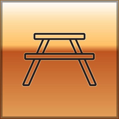 Siyah çizgi piknik masası, masa simgesinin her iki tarafında da altın arkaplanda izole edilmiş banklar. Vektör İllüstrasyonu.