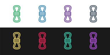 Siyah ve beyaz arkaplanda izole edilmiş çizgi tırmanma halat simgesi ayarla. Olağanüstü bir spor. Spor malzemeleri. Vektör İllüstrasyonu.