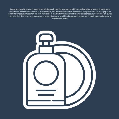 Mavi çizgi, bulaşık deterjanı şişesi ve plaka simgesi mavi arka planda izole edilmiş. Bulaşık yıkamak için sıvı deterjan. Vektör İllüstrasyonu.