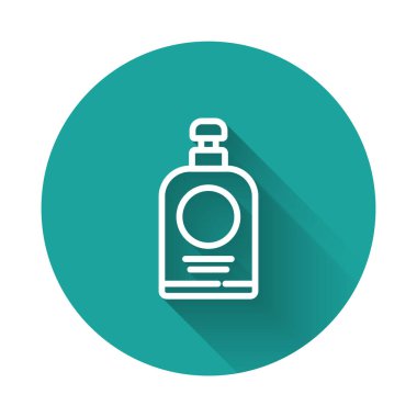 Beyaz çizgi El dezenfektanı ikonu uzun gölgeli. Dezenfeksiyon konsepti. Yıkama jeli. Hijyen için alkol şişesi. Yeşil daire düğmesi. Vektör İllüstrasyonu.