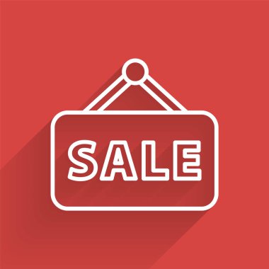 Beyaz çizgili uzun gölgeli metin satışı simgesi. Mesaj indirimli tabela. Vektör İllüstrasyonu.