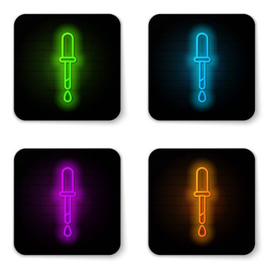 Parlayan neon hattı Pipette simgesi beyaz arkaplanda izole edildi. Tıbbi elementler, kimya laboratuarı ekipmanları. Damlalı boru. Tıp sembolü. Siyah kare düğme. Vektör İllüstrasyonu.