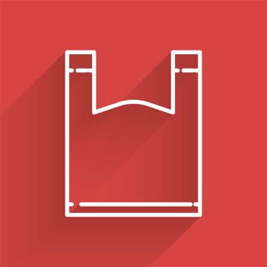 White line Plastic bag icon isolated with long shadow. Disposable cellophane and polythene package prohibition sign.  Vector Illustration.