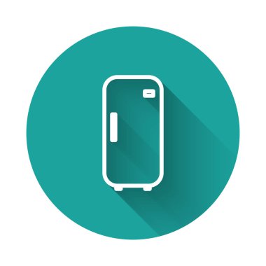 Beyaz çizgi buzdolabı ikonu uzun gölgeli. Buzdolabı buzdolabı. Ev aletleri ve aletler. Yeşil daire düğmesi. Vektör İllüstrasyonu.