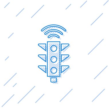 Mavi çizgi Akıllı trafik lambası simgesi beyaz arkaplanda izole edildi. İnternet kavramının kablosuz bağlantısı. Vektör.